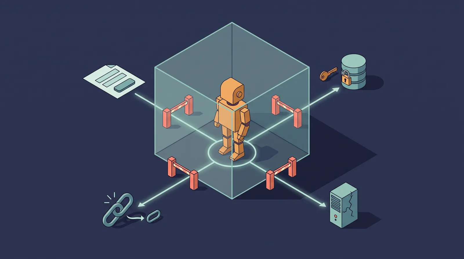 Isometric diagram: robot in a glass test box, four blocked paths to a web form, locked database, link shortener and server