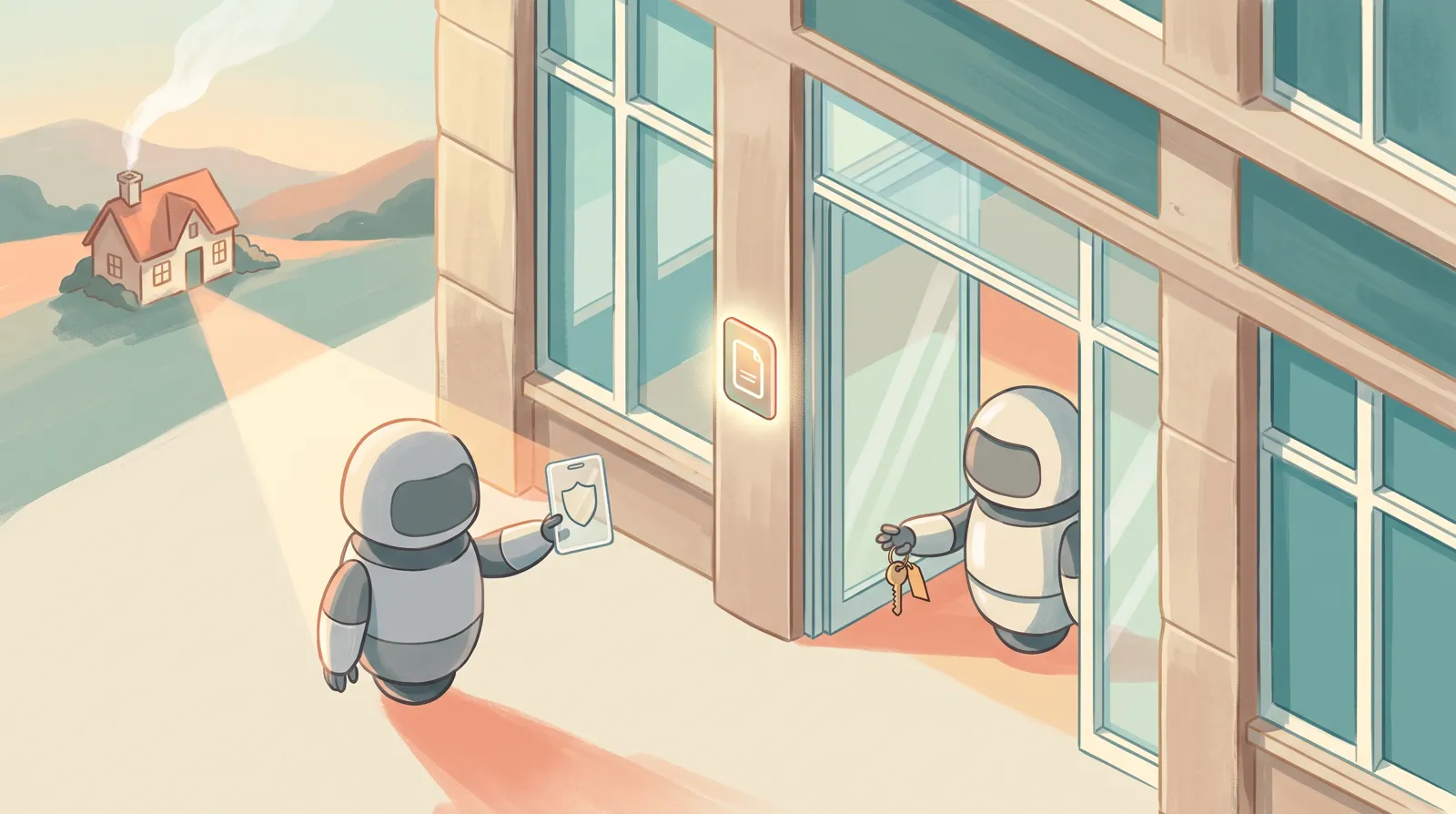 Small robot assistant shows an ID badge at a shop door, a robot greeter inside holds out a key, a light beam leads home