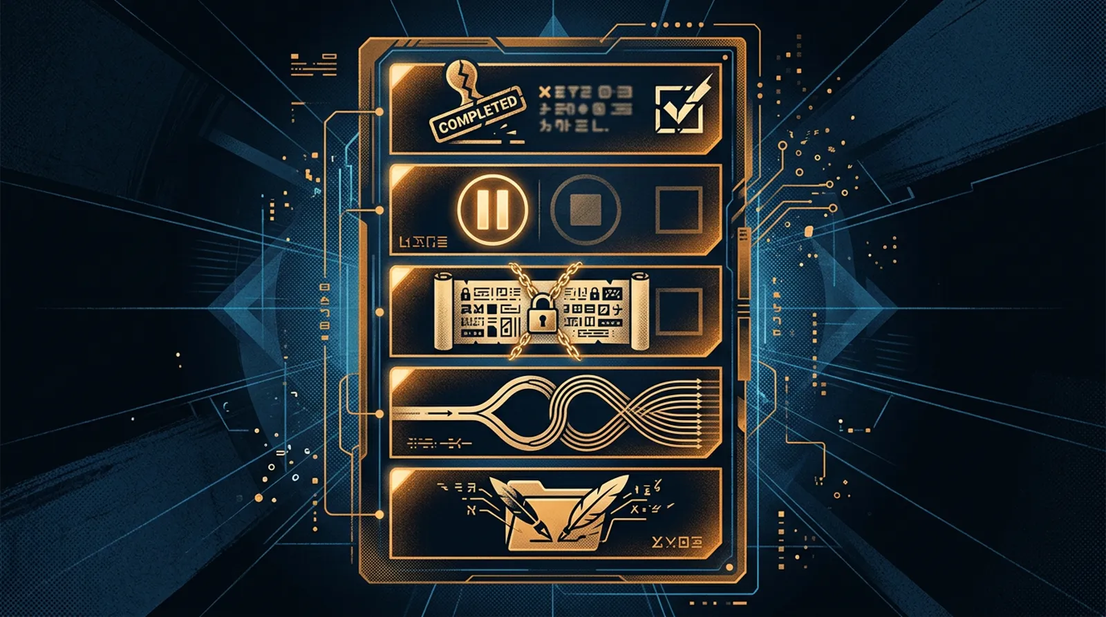 Warning checklist board with icons for a cracked completed stamp, a pause that is not a stop, a locked script