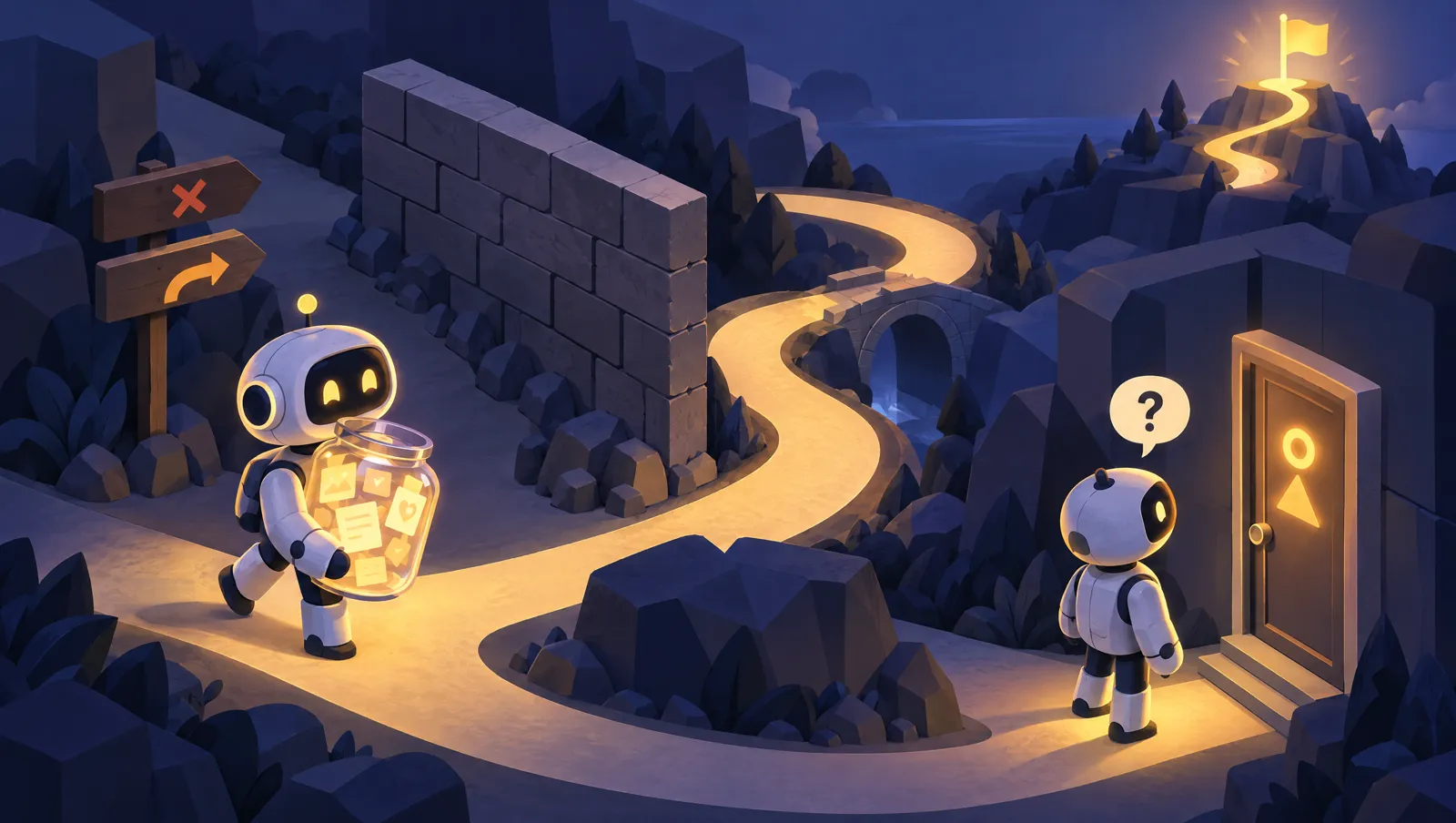 Small robot carries a jar of glowing notes along a path, detours around a wall and pauses with a question mark at a door