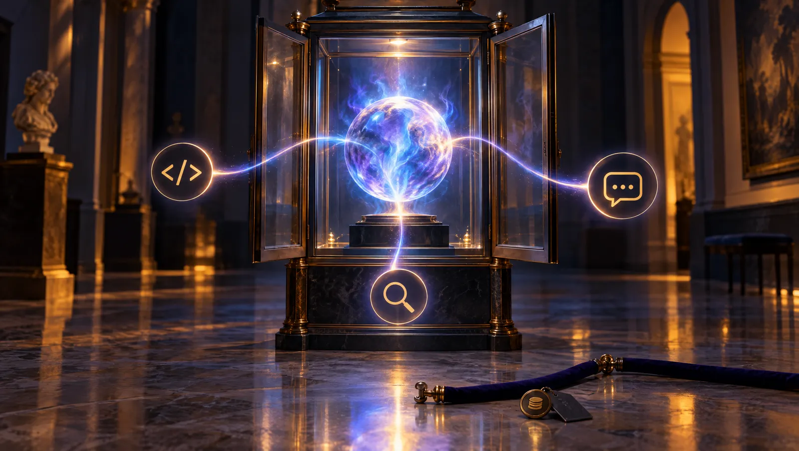 Open glass cabinet with a glowing violet sphere, three light paths leading to code, chat and search icons