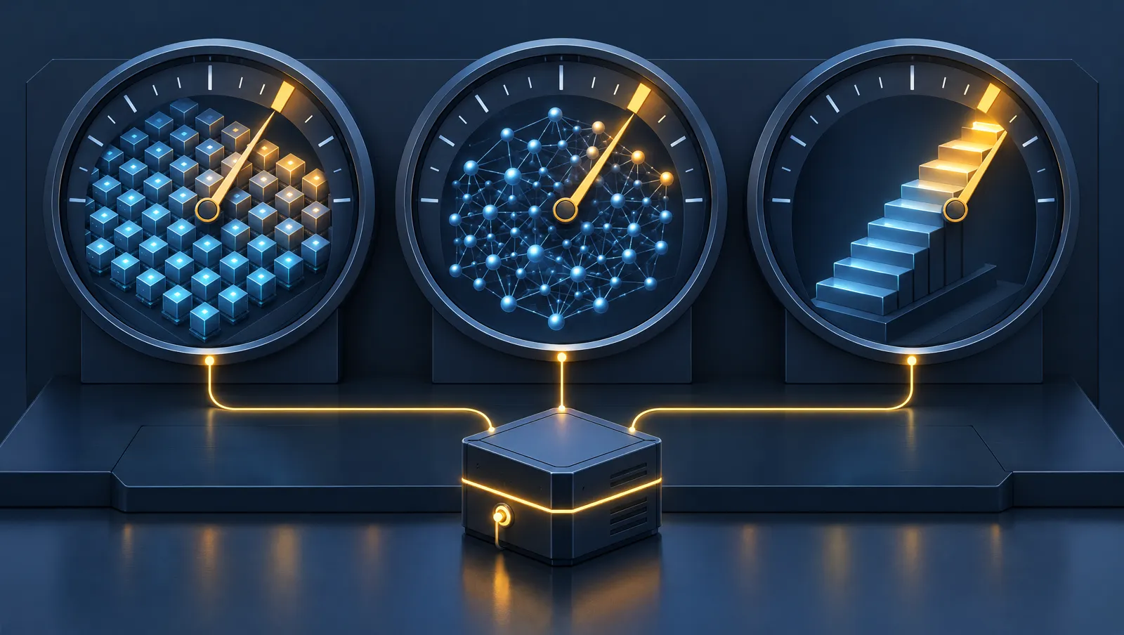 Three gauges for training compute, parameter count and leaderboard rank, each with a needle past one threshold line