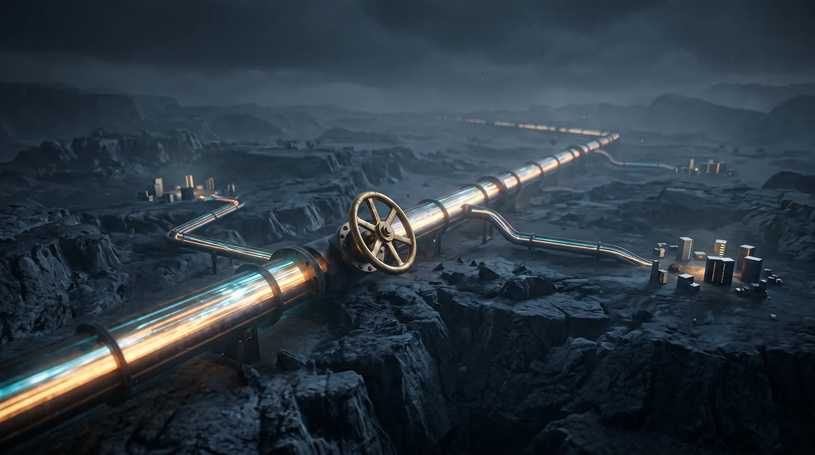 Glowing data pipeline across dark terrain with a large brass valve wheel, fully open, feeding branches to distant servers
