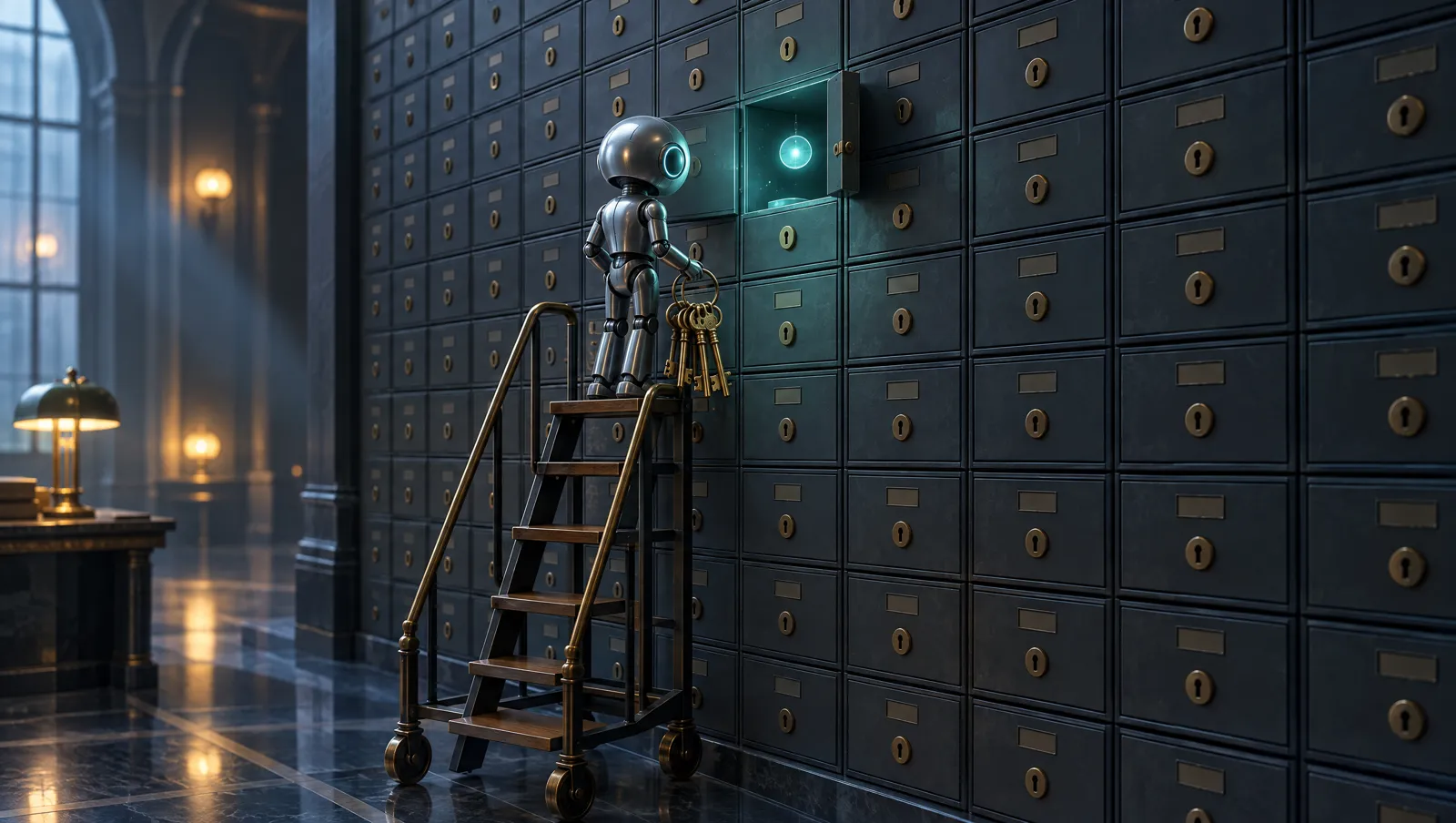 Small robot on a rolling ladder holds a ring of brass keys beside one open, glowing box in a wall of locked boxes