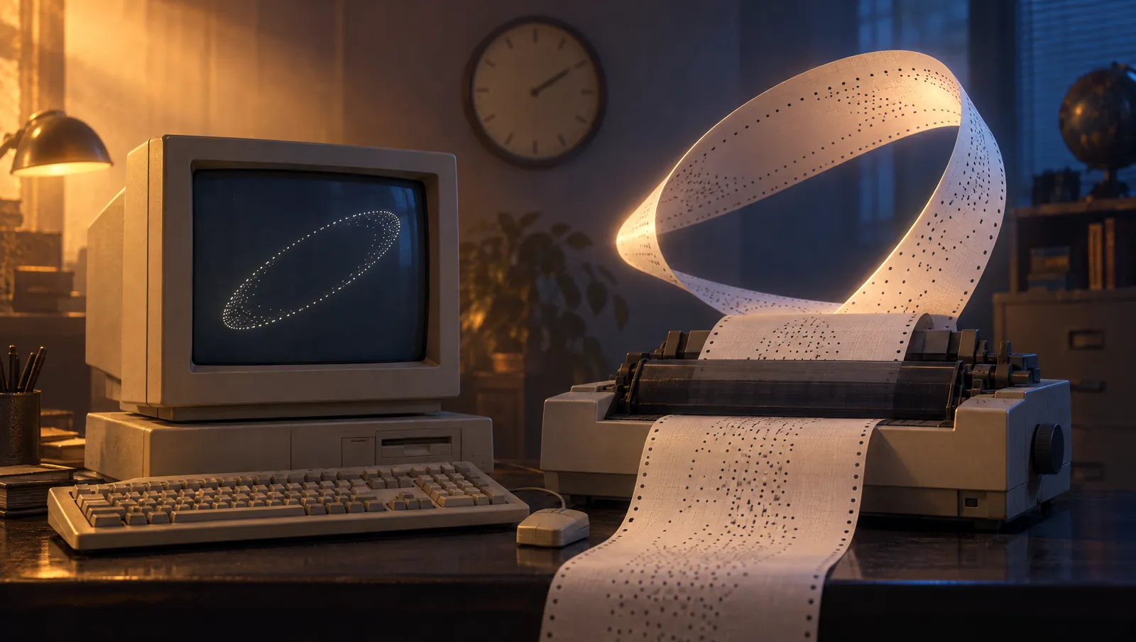 Beige 1990s computer and dot matrix printer, paper ribbon of dots curling into a loop under an old wall clock