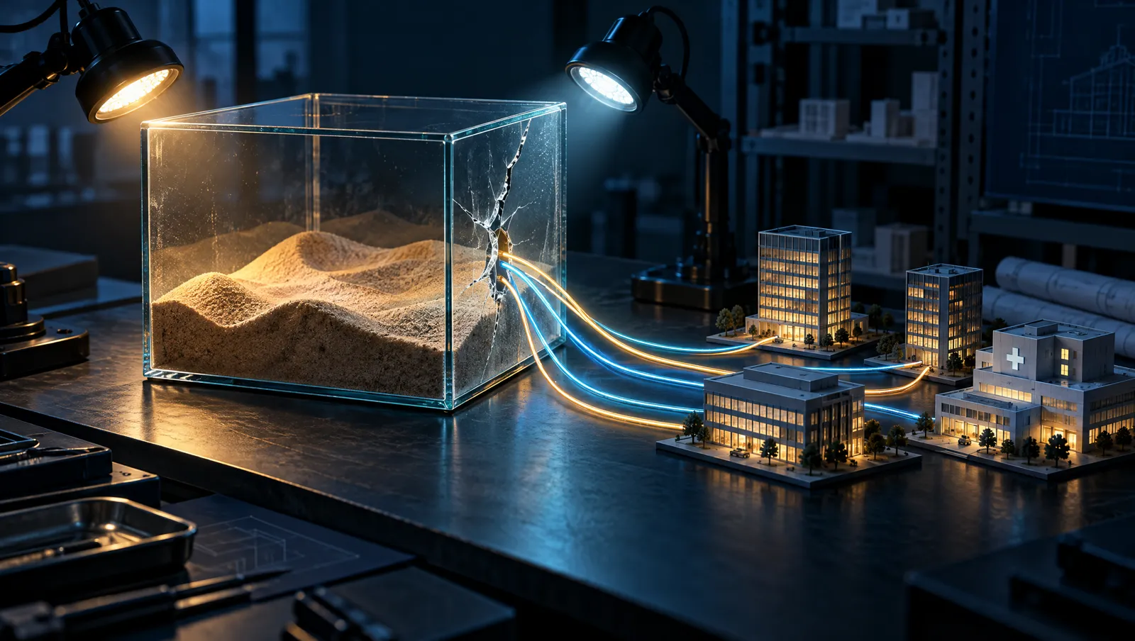 Cracked glass sandbox cube on a workbench, glowing cables escaping toward model office buildings and a hospital
