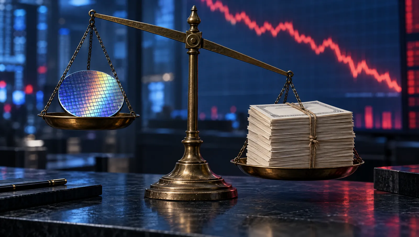 Brass balance scale with a silicon wafer on one pan and a heavier stack of bond certificates on the other