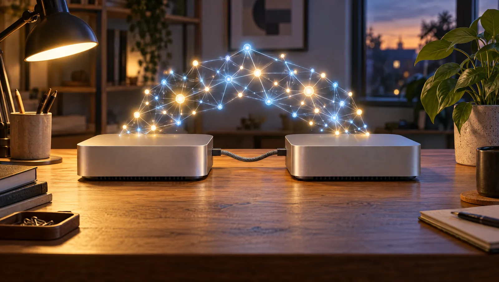 Two unbranded aluminium desktop computers joined by a cable, a glowing neural network graph bridging both