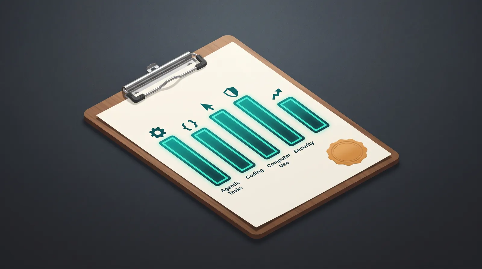 Clipboard with glowing bars for agentic tasks, coding, computer use and security, stamped with an amber seal