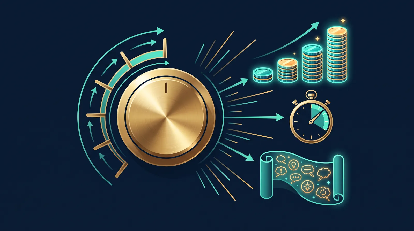 Brass dial turned toward its highest notch, with growing coin stacks, a stopwatch and a scroll of thinking tokens