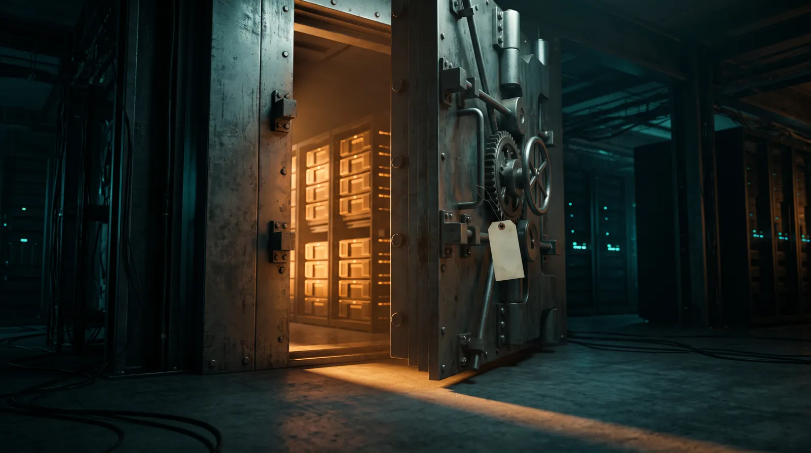 Steel vault door slightly open in a dark server hall, crates of glowing data stacked inside, a blank tag on the handle