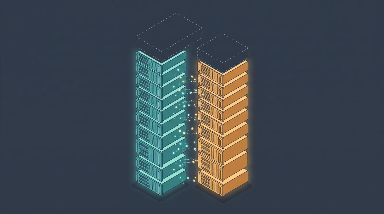 Isometric teal and amber GPU server stacks trading glowing tokens, two empty dashed slots on top for cache and router