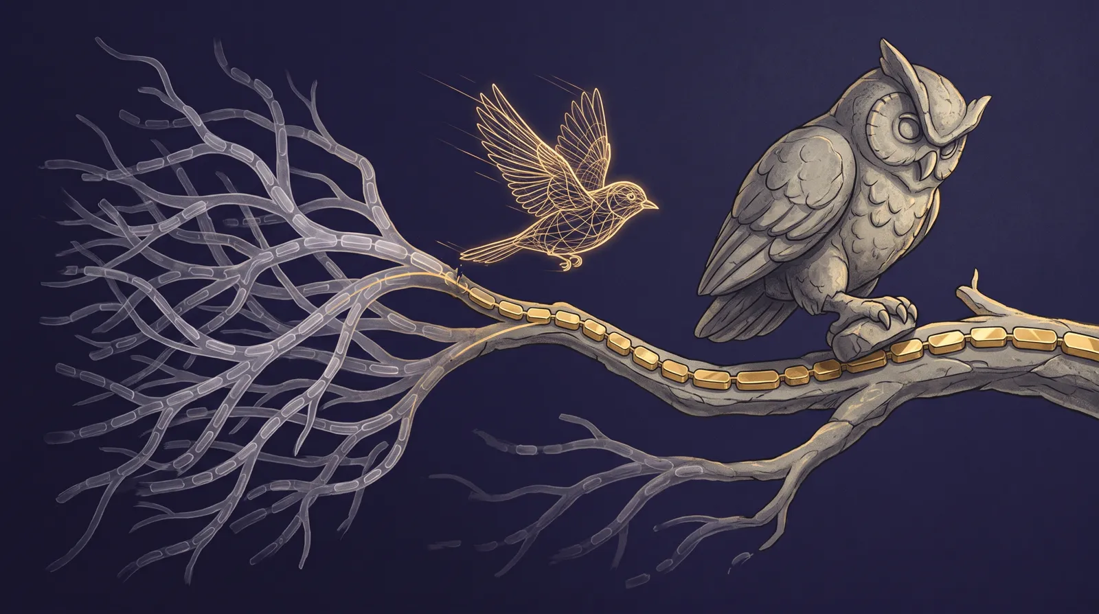 Glowing wireframe bird sketching a branching token tree while a stone owl turns the accepted branch into gold