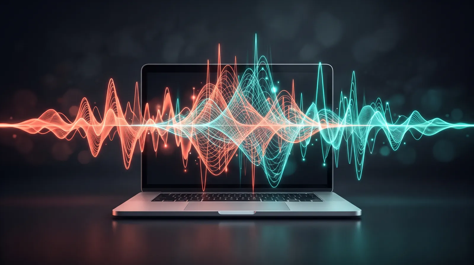 Coral and teal sound waves flowing in opposite directions and overlapping above an open silver laptop