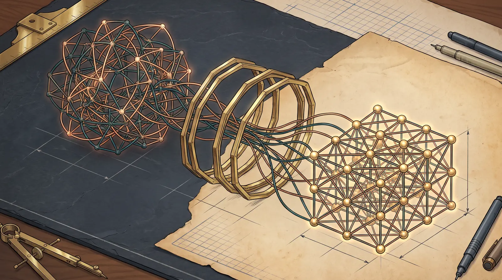 Tangled copper and teal constraint graph passing through octagonal rings into an ordered golden cubic crystal lattice