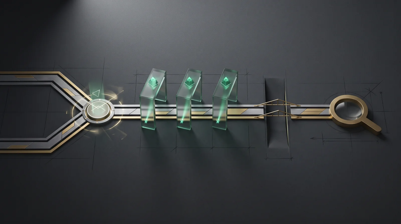 Two tracks converging at a green node, passing three glass verification arches, and stopping at a bridge gap and lens