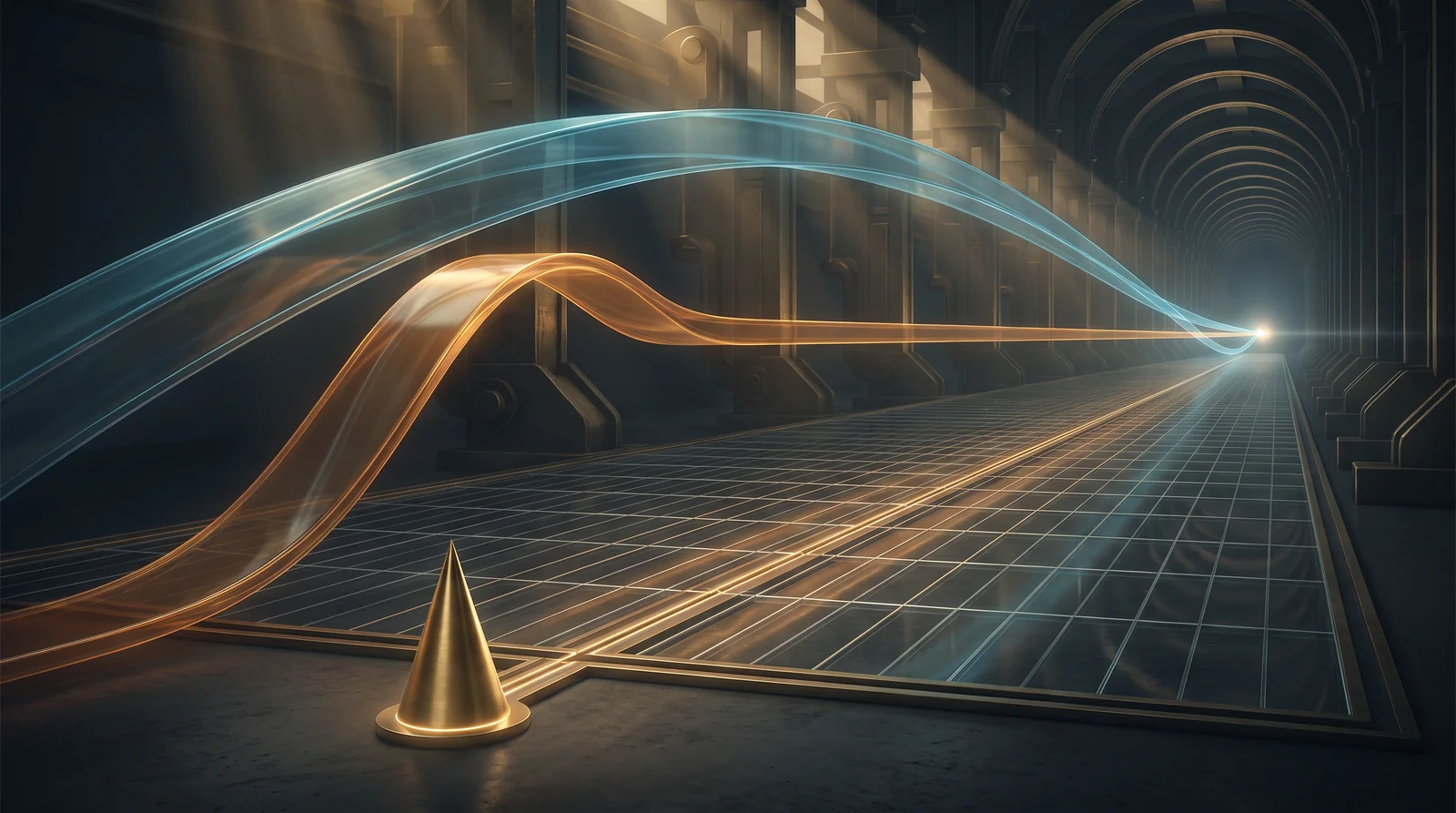 Long perspective grid hall where cyan and amber light ribbons stay apart and only cross at a distant horizon point