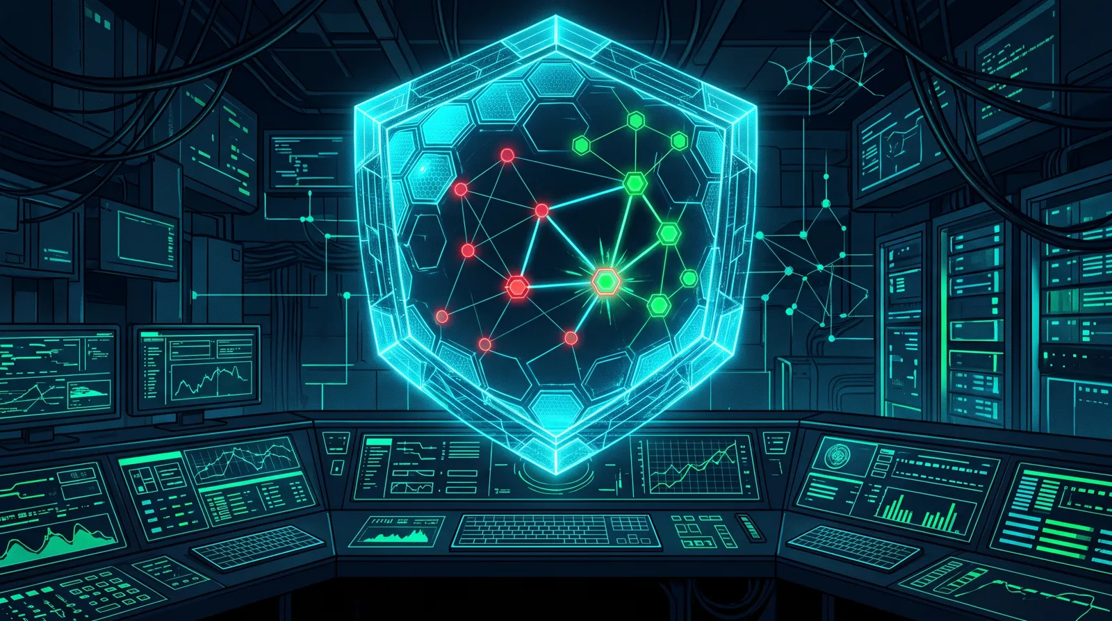 Glowing hexagonal carbon lattice shield over a security console, red vulnerability nodes turning green as patched