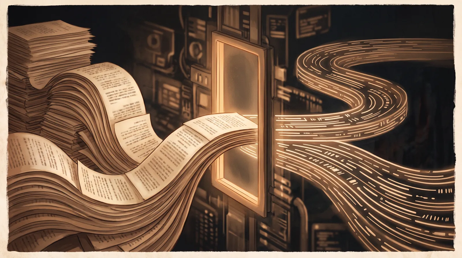 Huge stack of scanned book pages flowing through a narrow glowing window and coming out as clean lines of text