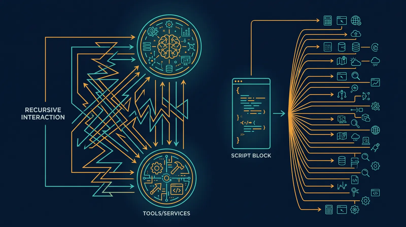 Diagram: zigzag arrows between a model and tools on the left, one script fanning out to many tools on the right